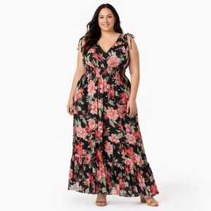 Kate and Lily Tropical Floral Chiffon Smocked Waist Maxi Dress Black 20W